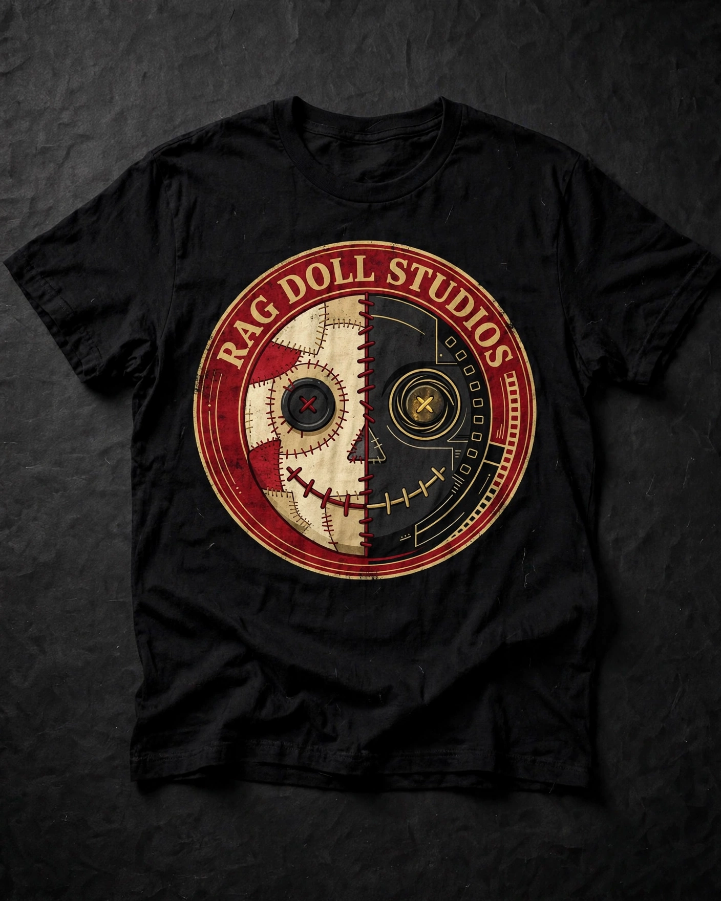Heavyweight black Rag Doll Studios T-shirt with badge logo